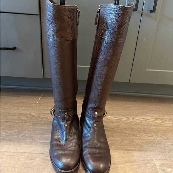 Tory Burch Chocolate Brown Tall Leather Riding Boots with Gold Hardware - Picture 2 of 8